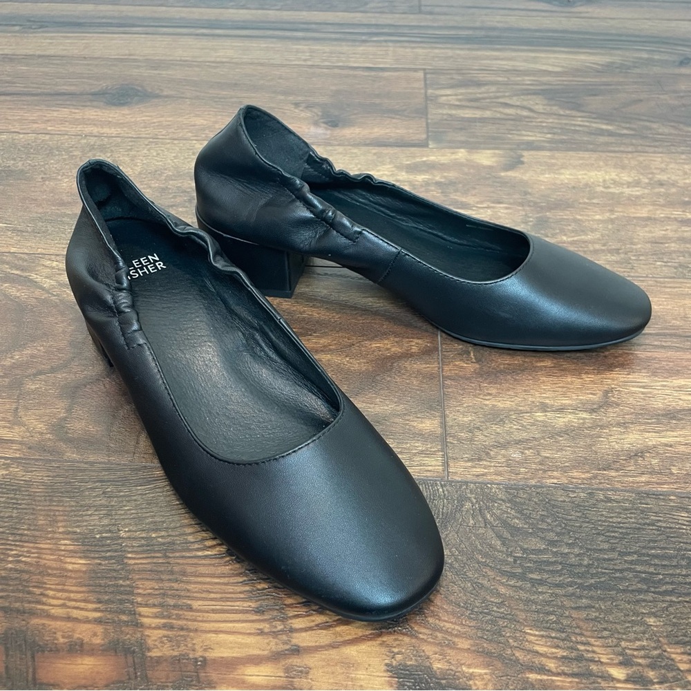 Eileen Fisher Winn Black Nappa Leather Pumps Block Heel Size 7.5 Round Toe